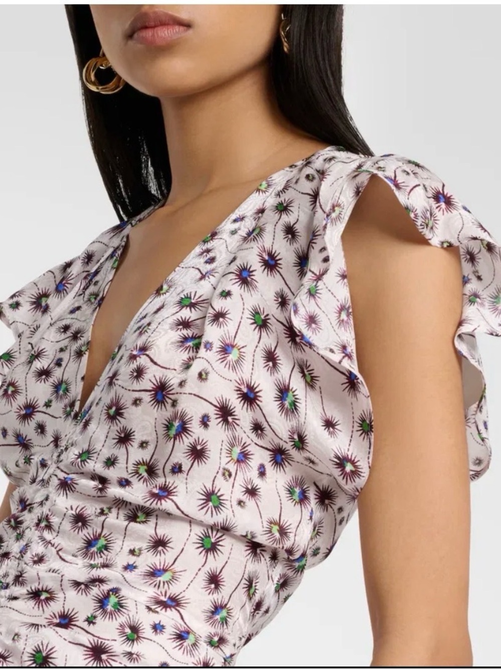 Isabel Marant White Purple Silk Ruched V-Neck Midi Dress Size 34 - Picture 6 of 15